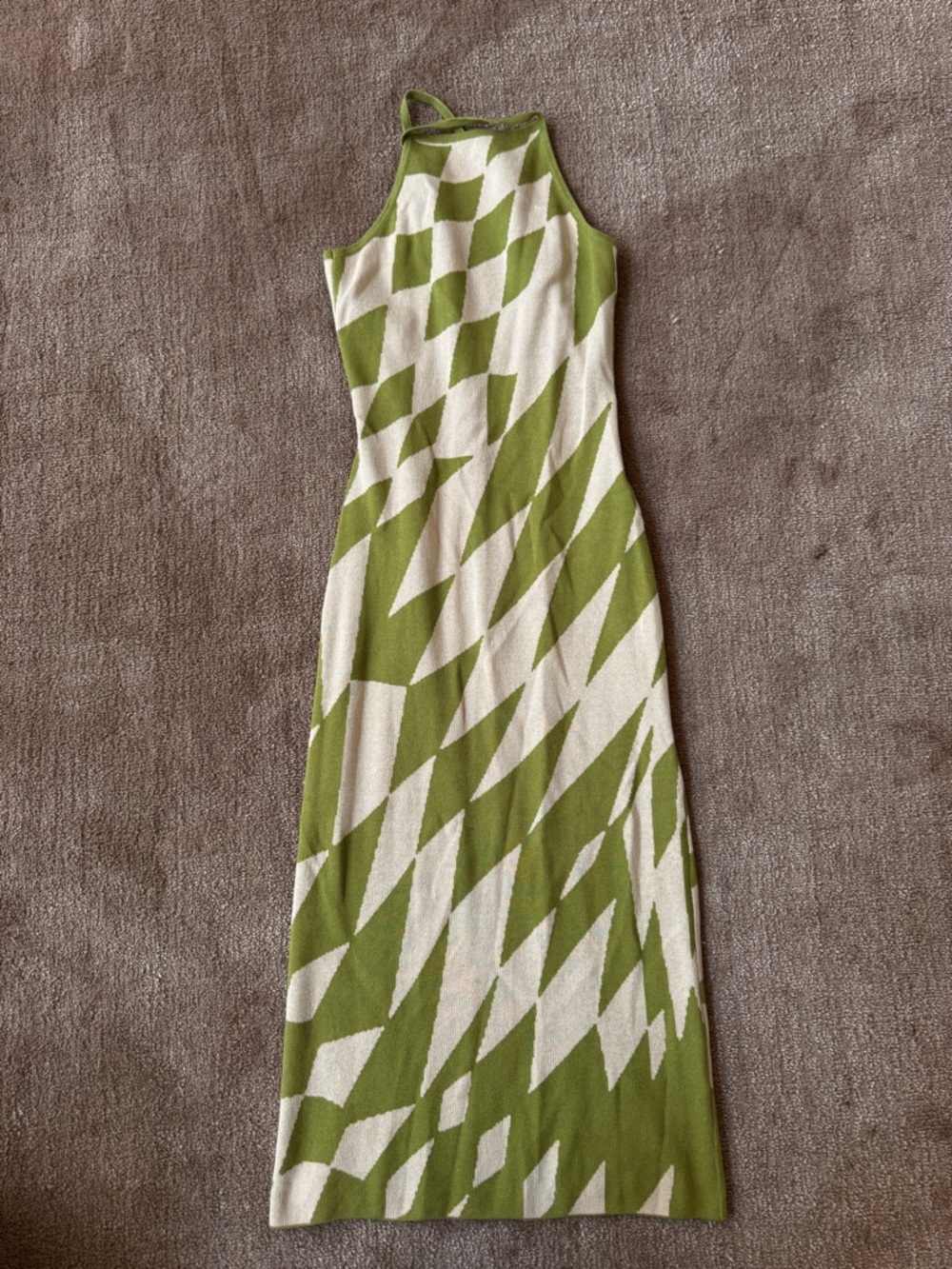 Green and Cream Geometric Knit Halter Dress